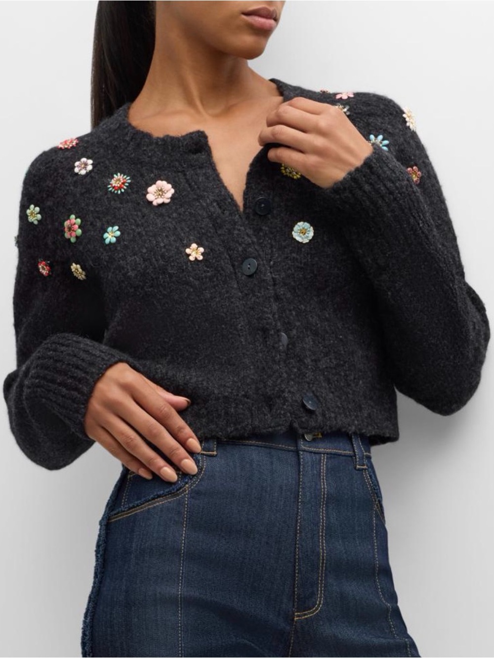Cinq a Sept Embellished Dark Gray Cropped Cardigan Sweater